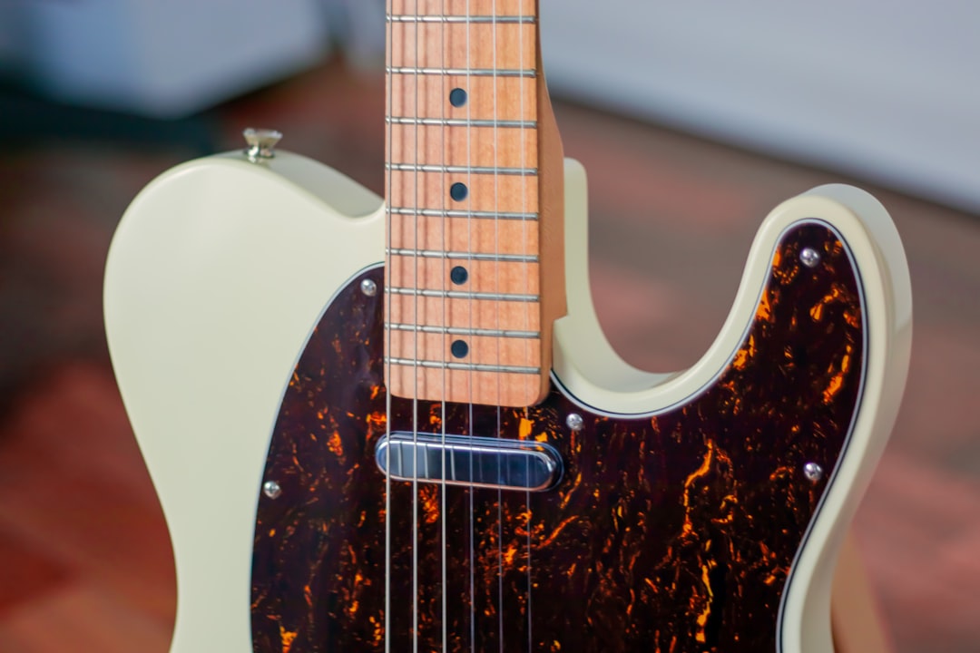 brown and white stratocaster electric guitar